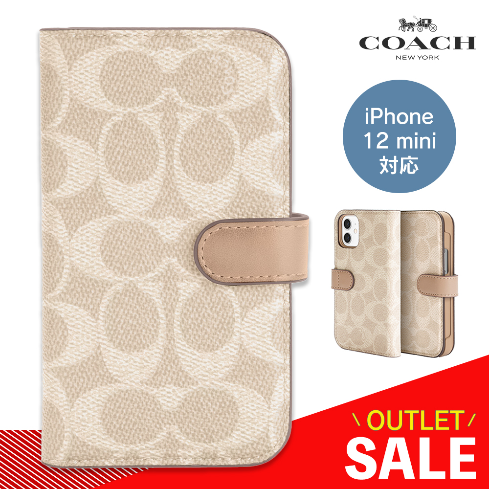 【アウトレット】COACH コーチ iPhone12mini ケース カバー スマホケース Folio Case Signature C Sand ブランド おしゃれ 手帳型 手帳 ホワイト ベージュ