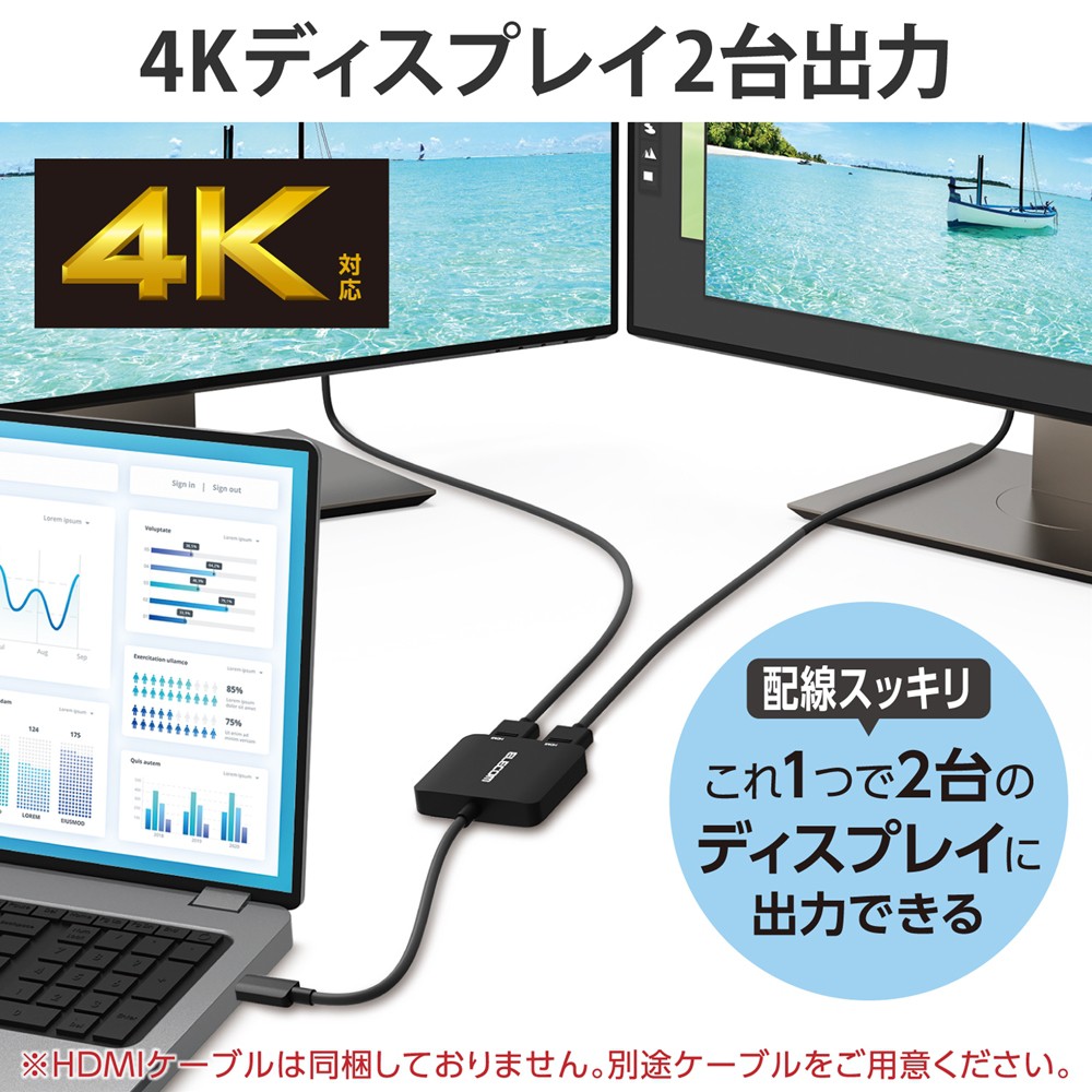 エレコム Type-C映像変換アダプタ HDMI 2ポート 映像出力 4K/2K対応 ...