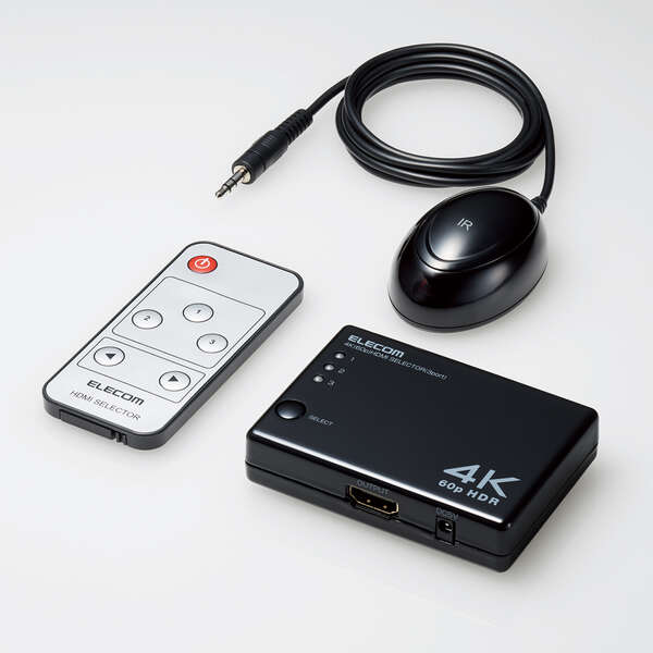 エレコム HDMI切替器/4K60Hz対応/3ポート/3入力(HDMI)・1出力(HDMI)/分離型リモコン受光部タイプ/専用リモコン付/専用ACアダプター付き/ブラック