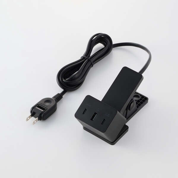 エレコム AC充電器/クリップ型/USB PD/67W/USB-C×2/USB-A×1/ACケーブル一体/2m/ブラック