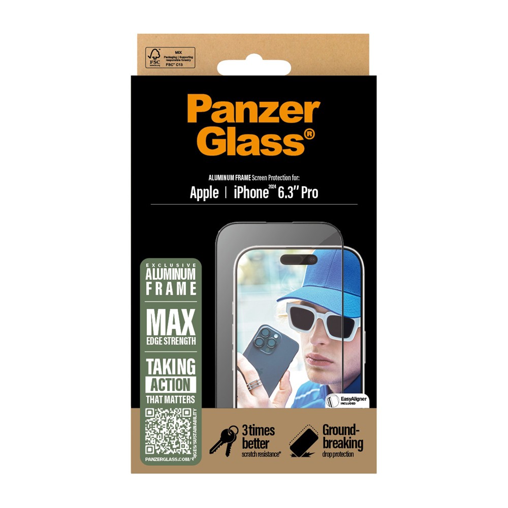 iPhone 16 Pro PanzerGlass Screen Protector Aluminum Frame Ultra-Wide Fit