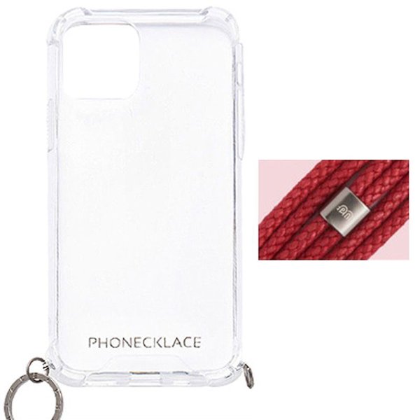 PHONECKLACE iPhone12mini ケース ロープ ショルダー ストラップ付 クリア  おしゃれ かわいい 韓国 ダーク レッド