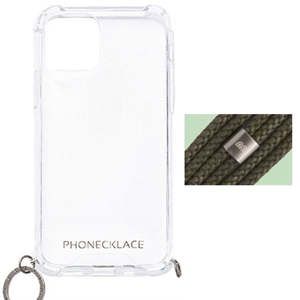 PHONECKLACE iPhone12mini ケース ロープ ショルダー ストラップ付 クリア  おしゃれ かわいい 韓国 カーキ